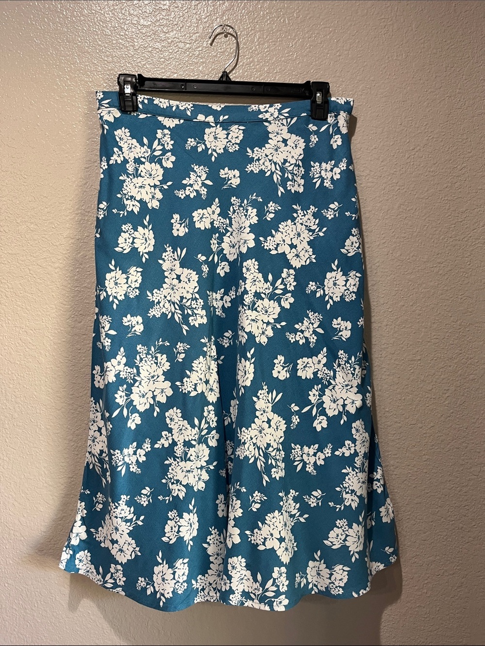 Old Navy Teal Floral A-Line Midi Skirt - White Blossom Print Sz L  Boho TC0591